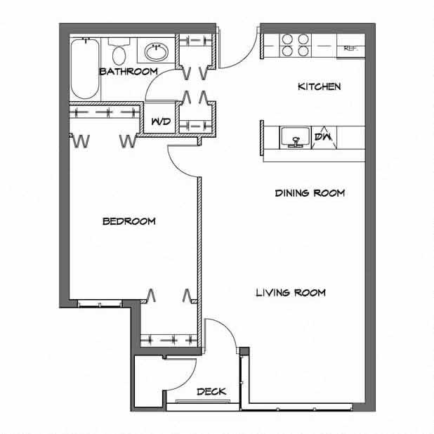 Floor plan for 1 bed, 1 bath, 634 sqft